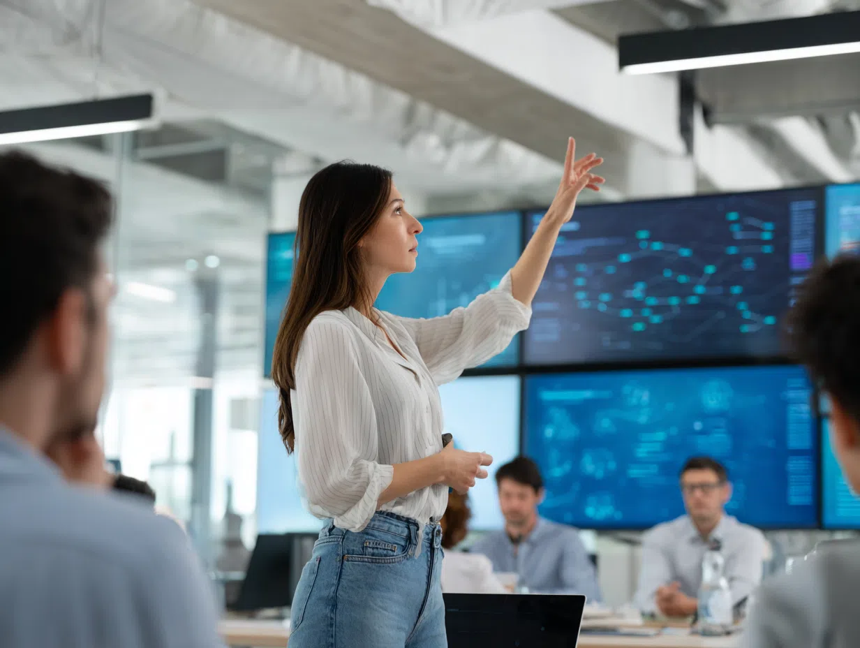Elena Patel leading product strategy meeting with AI roadmap presentations, team collaboration, and executive stakeholders in modern office