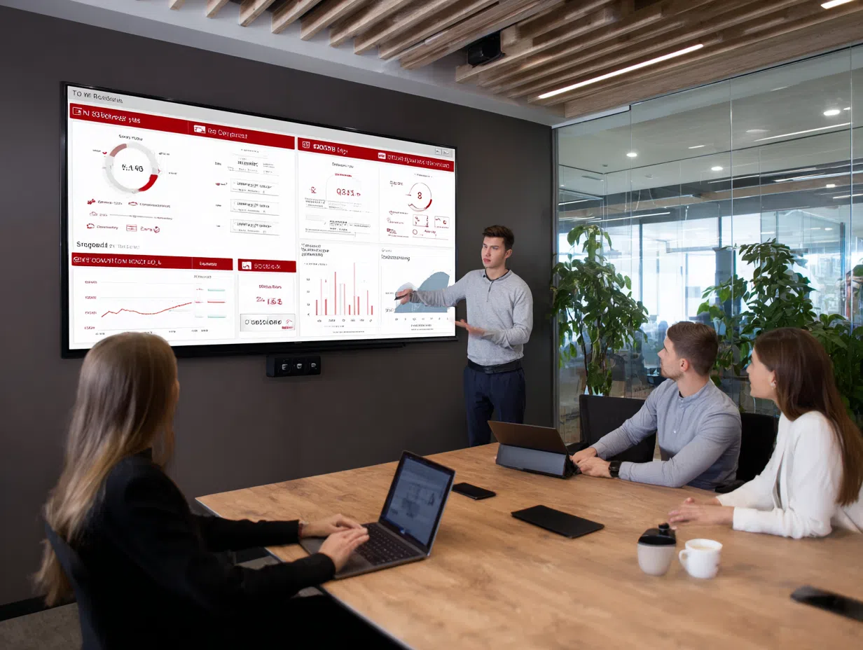 Executive meeting room with AI strategy presentation on large screen showing ROI metrics, implementation roadmap, team structure charts, and business growth projections