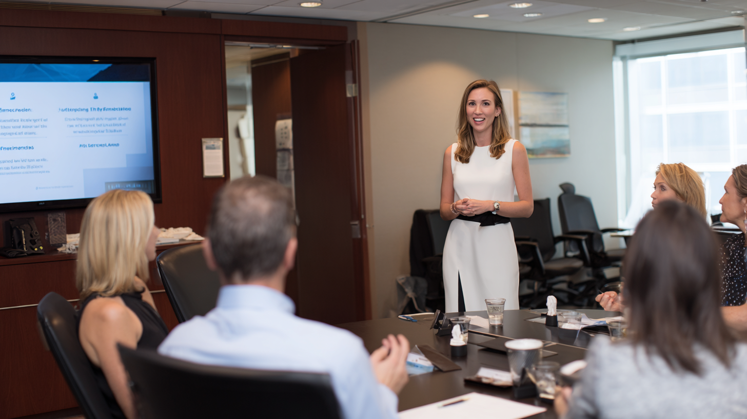 Executive presence training session showing confident leader presenting to board members with body language analysis, communication techniques, and influence strategies