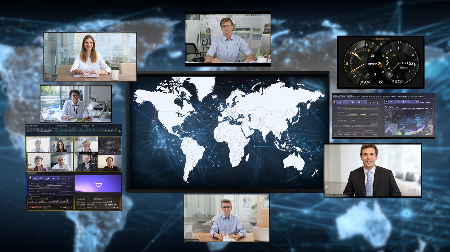 Global virtual leadership meeting with world map showing team locations, cultural adaptation strategies, time zone coordination, and international collaboration tools