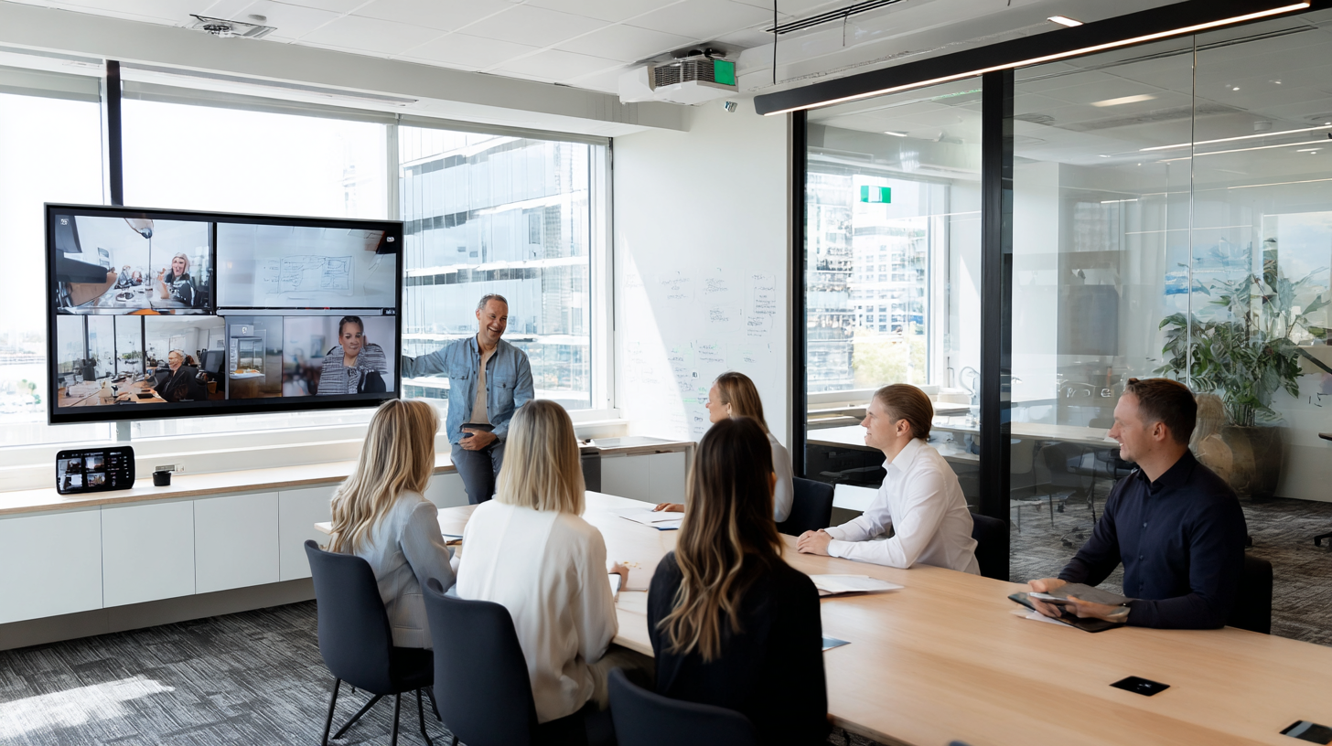 Hybrid workplace showing leader managing both remote video participants and inperson team members with flexible scheduling, performance tracking, and unified communication