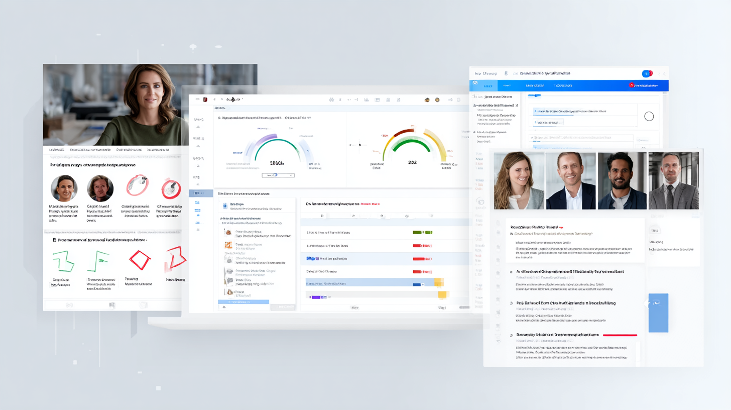 Leadership assessment interface showing 360degree feedback system with competency mapping, peer evaluations, and development recommendations