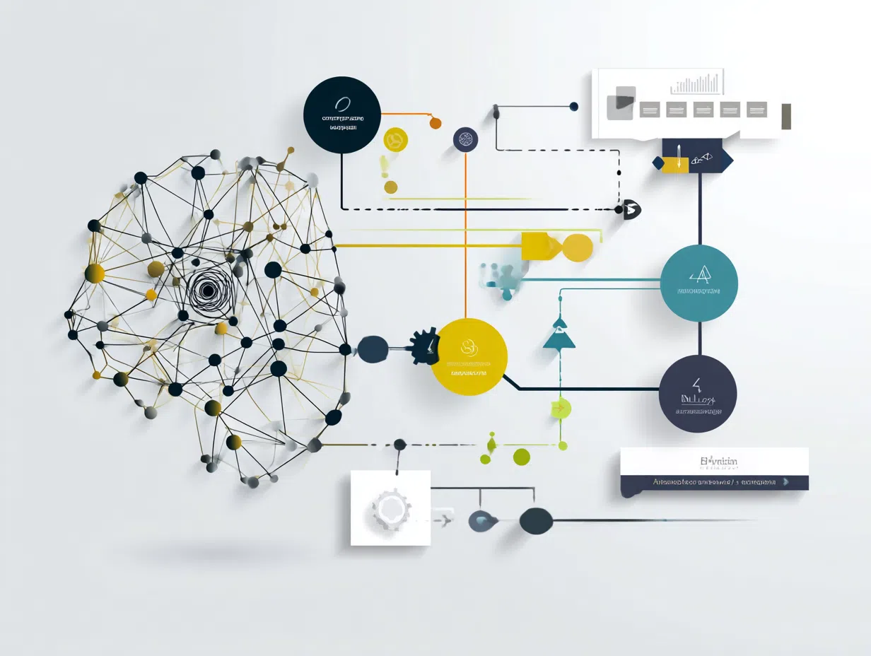 Educational diagram showing machine learning concepts with neural network visualization, data flow arrows, algorithm types, and beginner friendly explanations