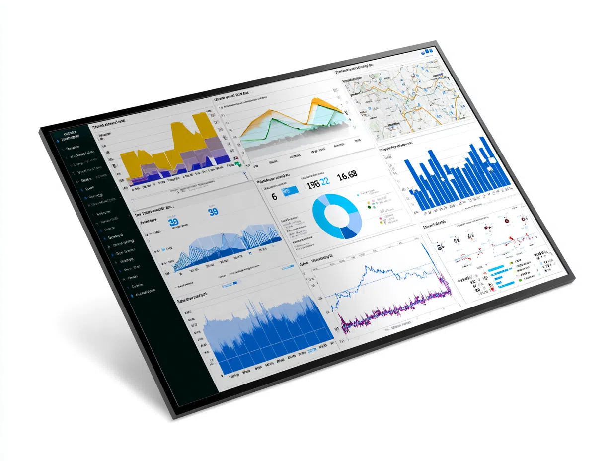 Data analytics dashboard showing predictive modeling results, trend analysis, forecasting charts, and statistical validation metrics