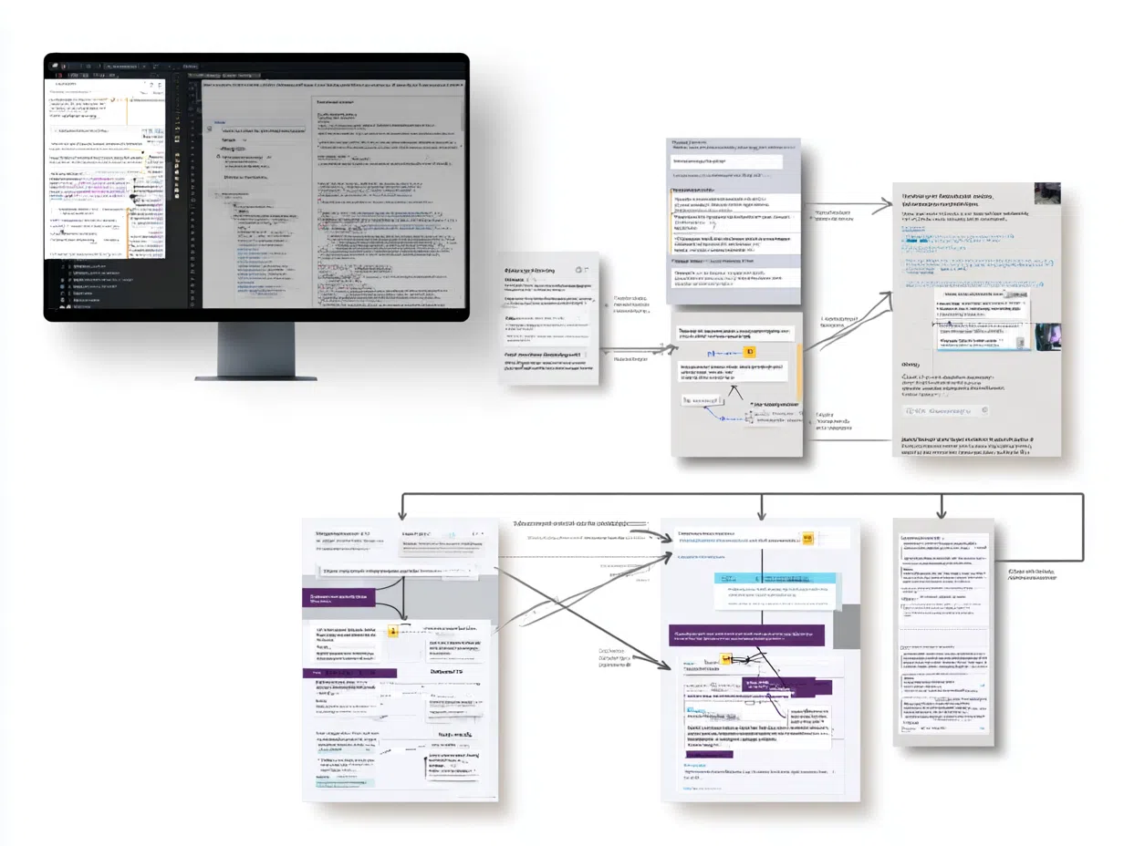 Split screen showing advanced prompting techniques with code examples, ChatGPT interface, chain of thought reasoning diagrams, and enterprise workflow patterns