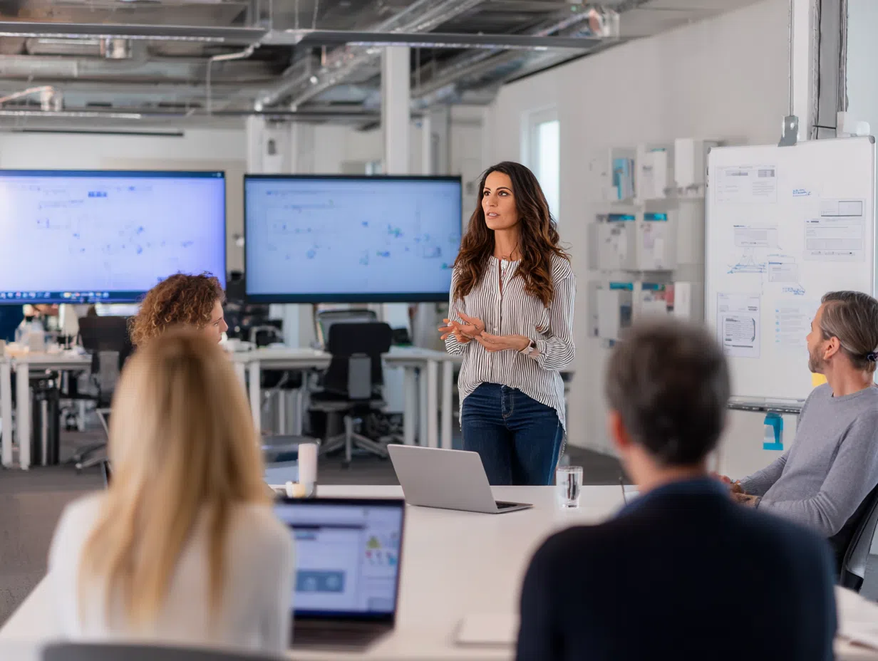 Sarah Chen at her AI engineer workstation with multiple monitors showing machine learning models, code development, and team collaboration tools
