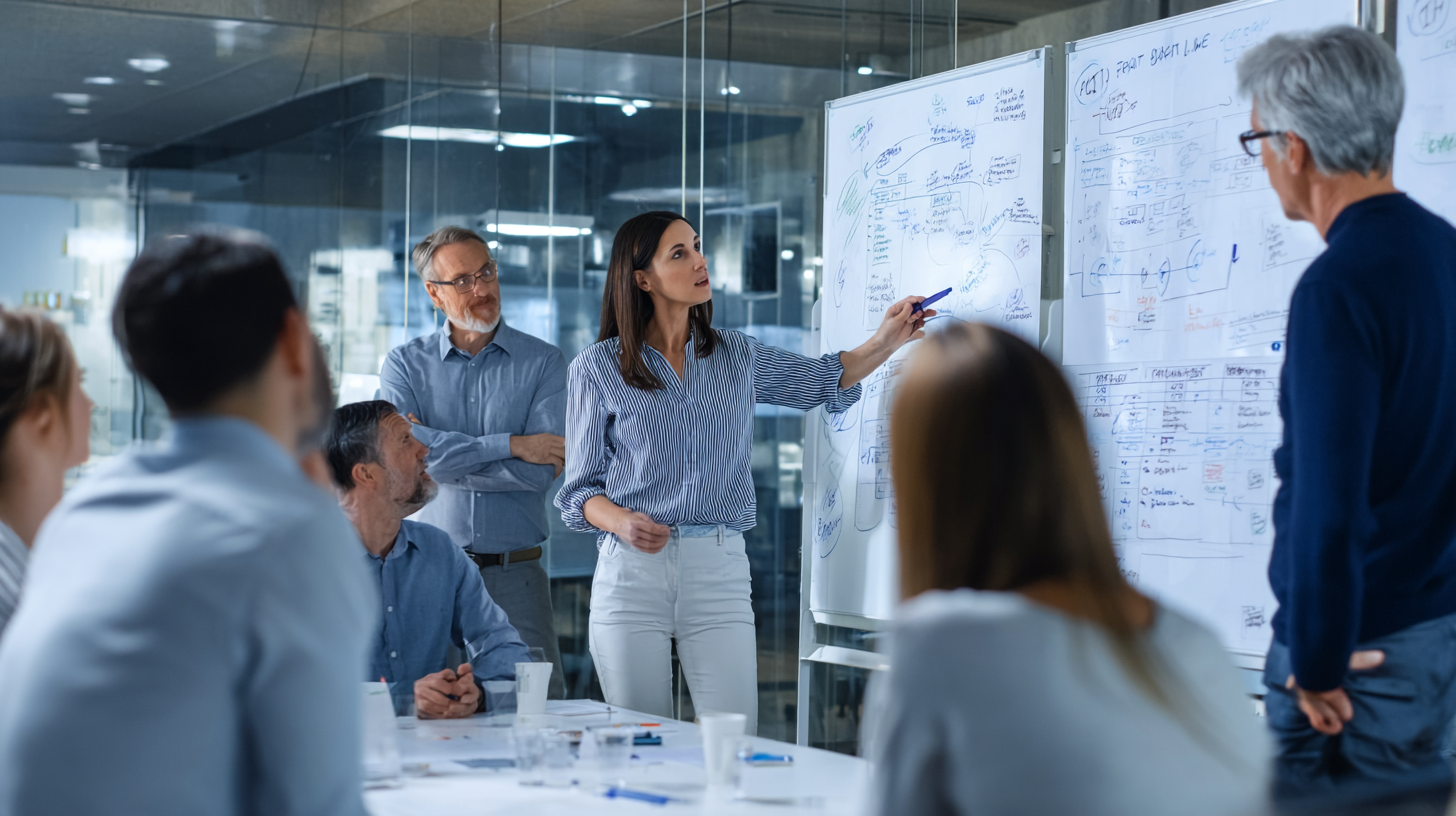 Strategic planning session with executives analyzing future scenarios, trend charts, competitive analysis, and longterm vision mapping on digital whiteboards
