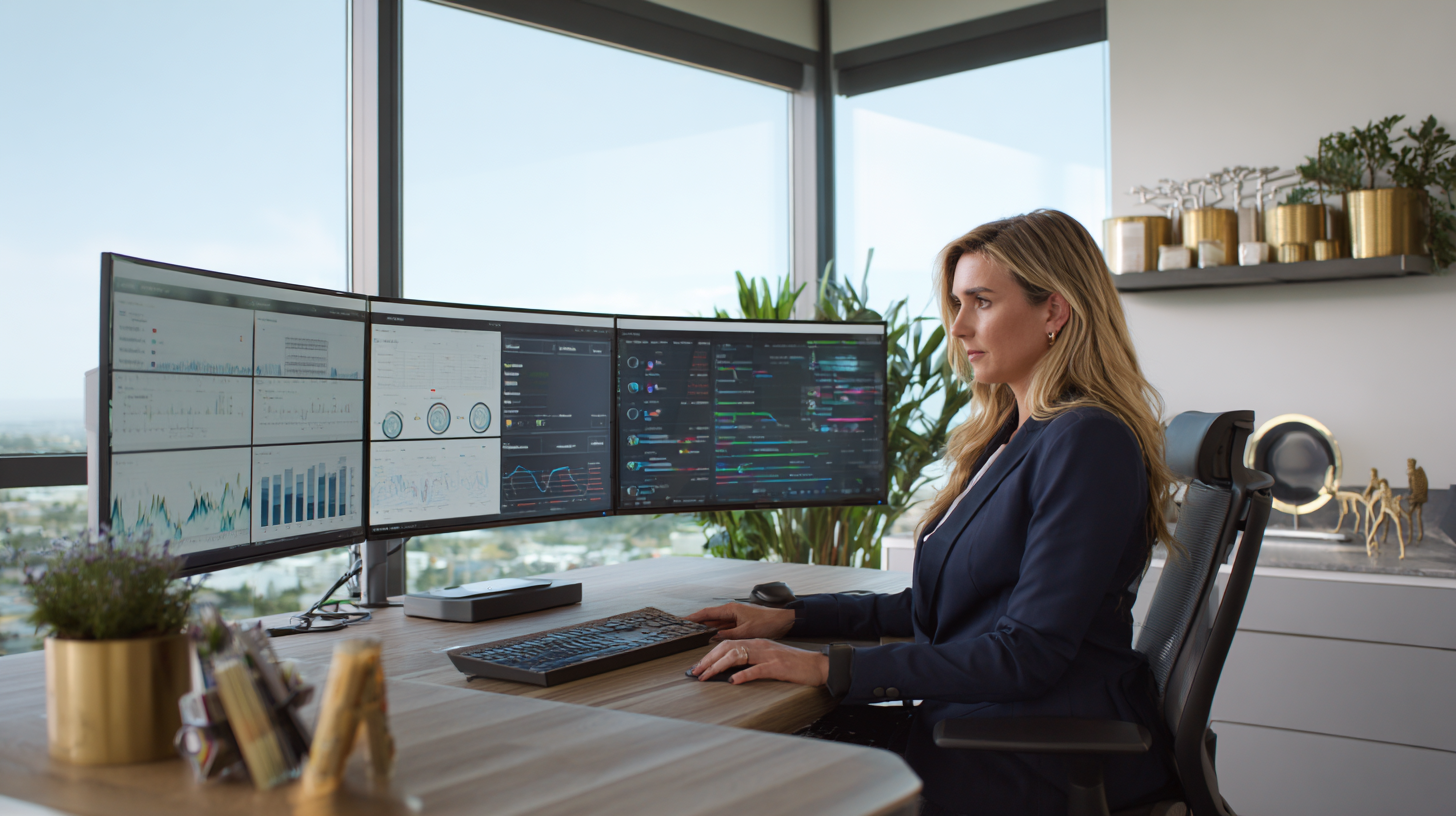 Executive leader in modern office with strategic planning dashboards, team collaboration screens, and digital transformation metrics displayed on multiple monitors