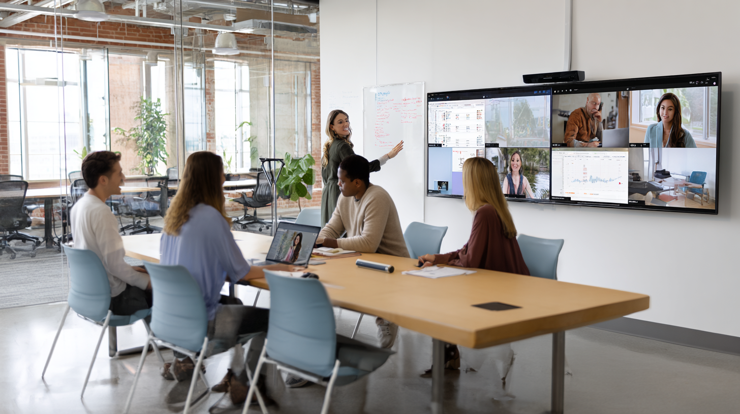 Virtual leadership setup showing leader conducting remote team meeting with multiple screens, global team members, collaborative tools, and digital whiteboard engagement