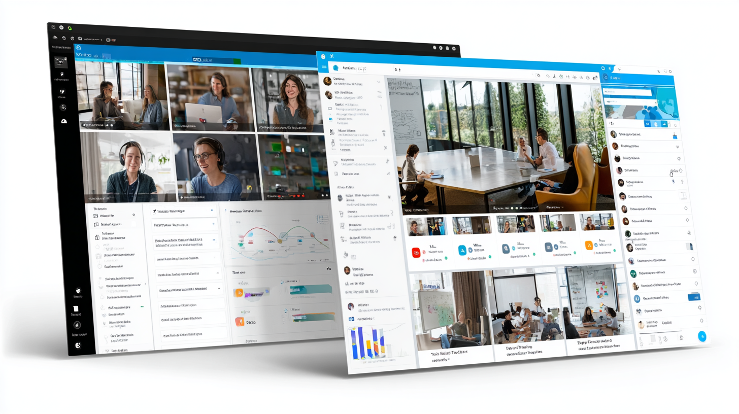 Digital workspace showing integrated collaboration platforms, project management tools, communication channels, and virtual meeting environments